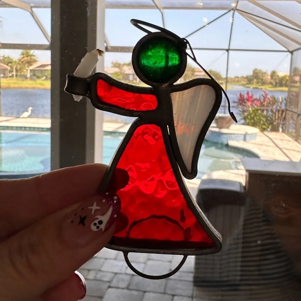 Vintage Stained Glass Angel holding real candle Ornament